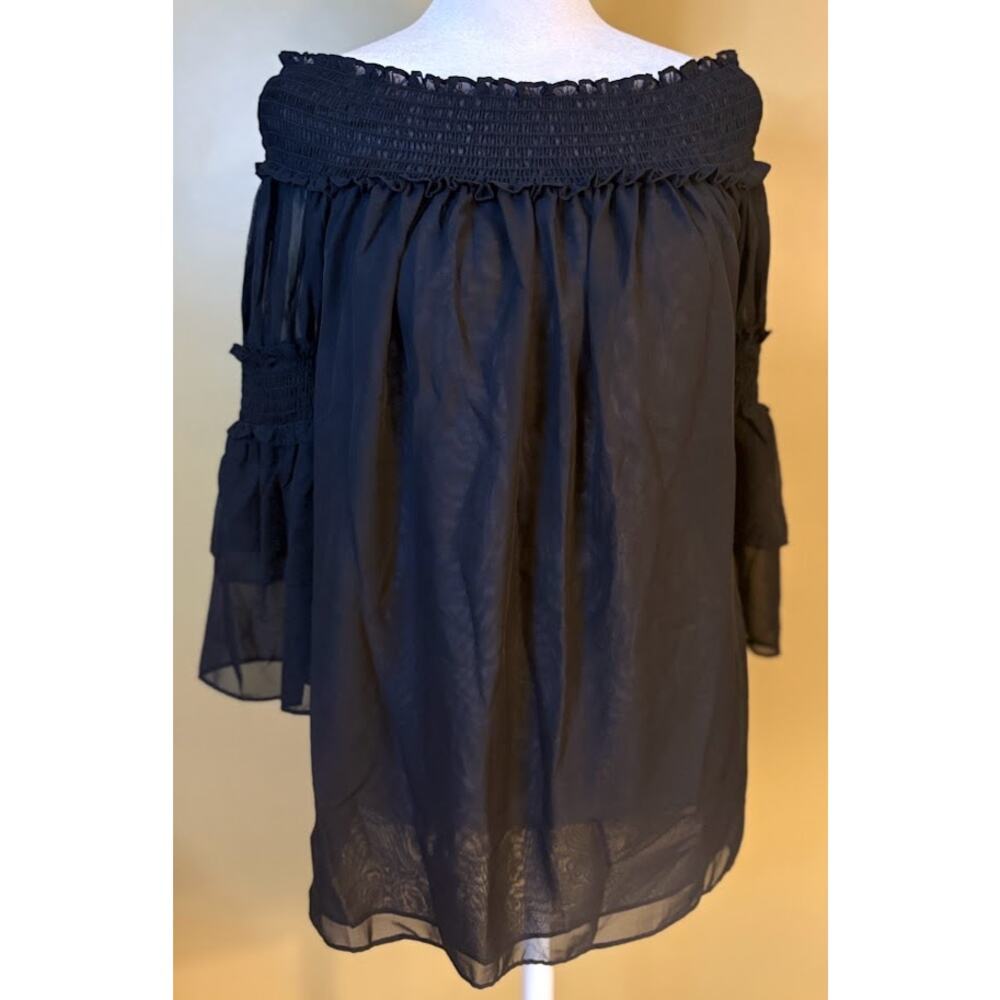 Max Studio Black Off the Shoulder Blouse Tiered Sleeves Size XS NWT‎